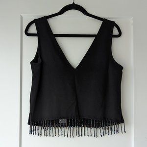 IRIDESCENT ELEGANCE: BLACK FRINGE BEADED TOP - NWT - BLACK - BEADS - SMALL - W5